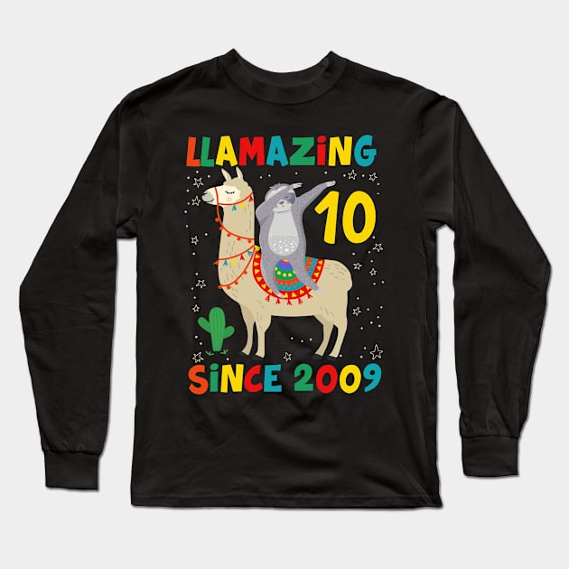 10 Years Old 10th Birthday Sloth Riding Llama Girls Long Sleeve T-Shirt by folidelarts